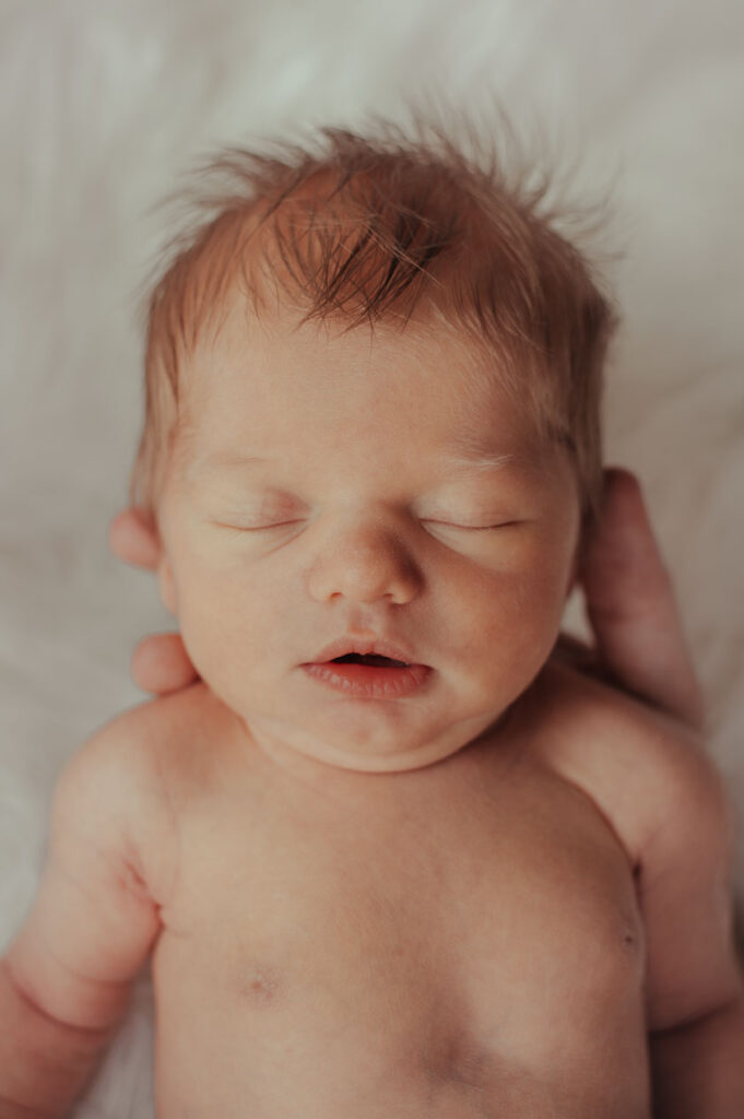 Newborn fotograaf houdt baby in de hand